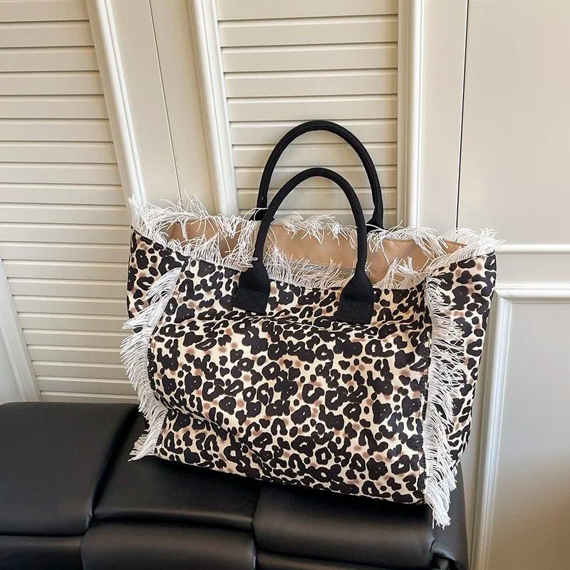 Canvas Leopard Print Large Capacity Shoulder Bags 2026 High Quality New Bags Casual Beach Vacati Basic Style Handbags