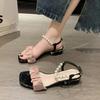 Fashion Footwear One Word with Low Heels Block Heel White Sandals for Woman Summer 2024 Pearl Roman Style Medium Buckles Women's Shoes F
