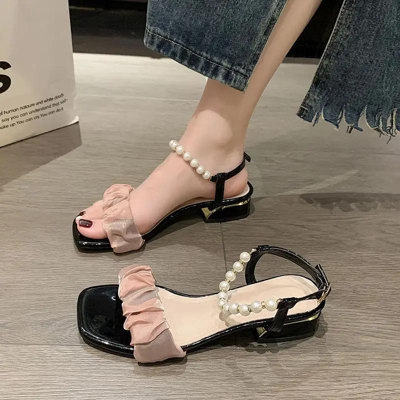 Fashion Footwear One Word with Low Heels Block Heel White Sandals for Woman Summer 2024 Pearl Roman Style Medium Buckles Women's Shoes F