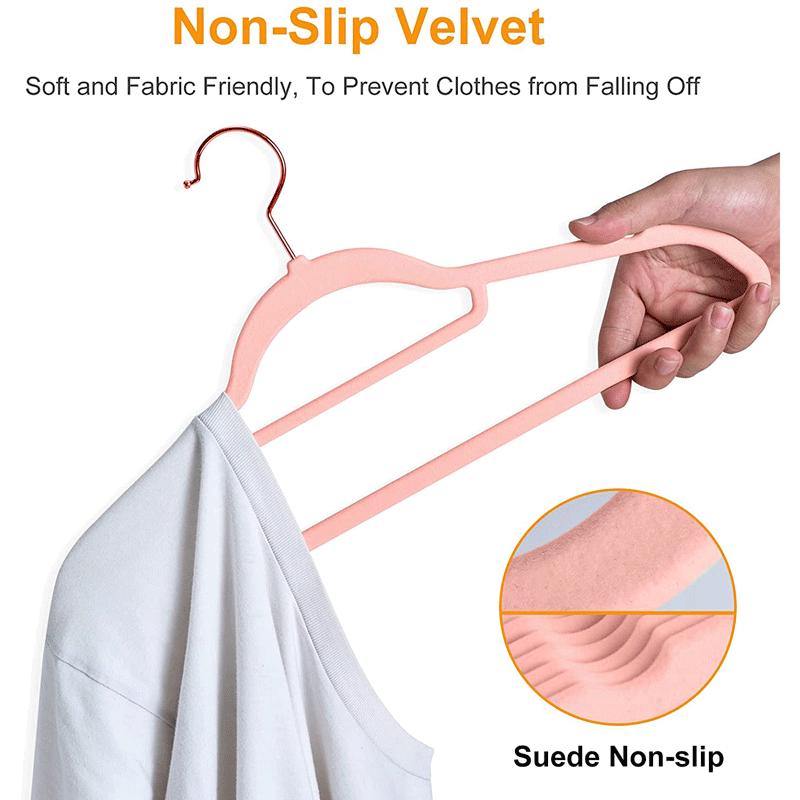 Beflockter Samt-Kleiderbügel mit Roségold-Haken (Rosa) - Rutschfester Organizer