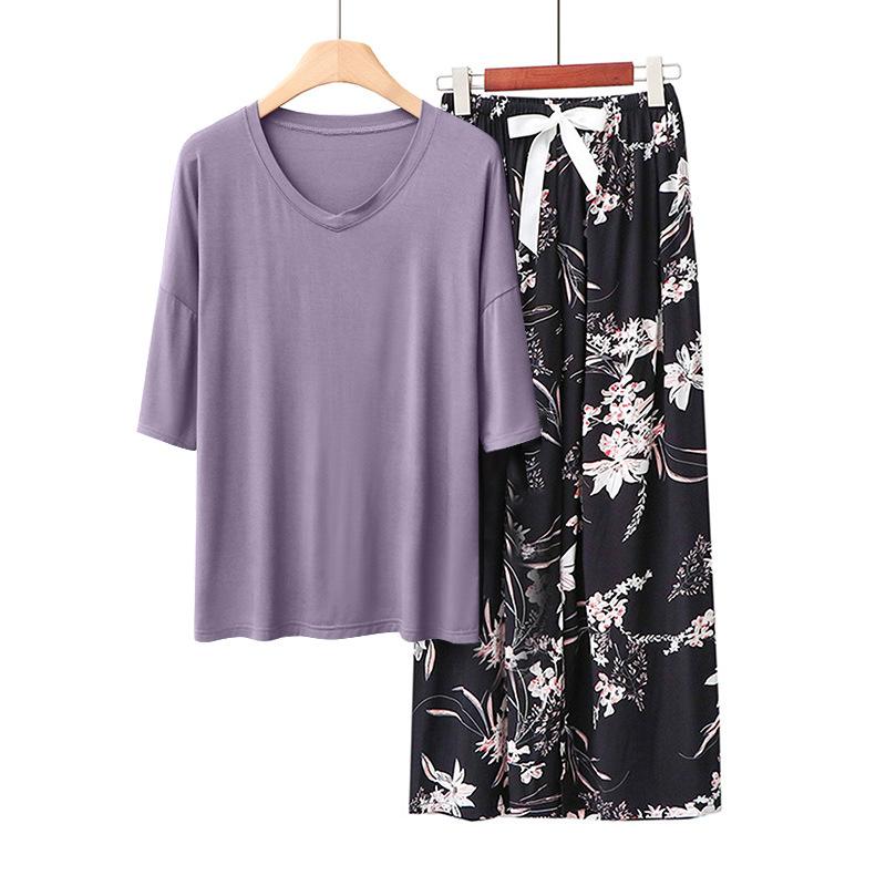 Sommer Damen Pyjama Sets Modal Kurzarm T-Shirts und Weitbein Hosen Heiß Lässig Homewear 2-teiliges Anzug Damen Nachtwäsche