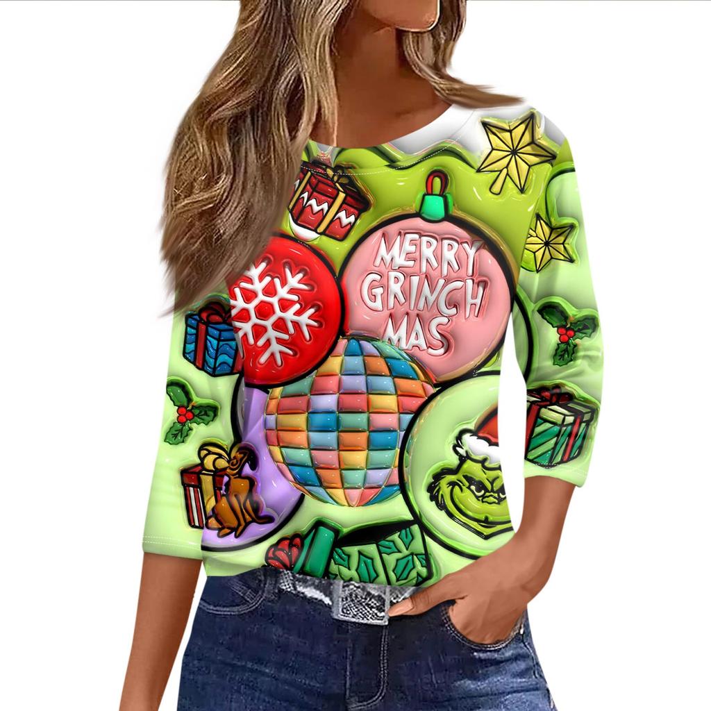 Damen Modisches Lässiges Dreiviertelarm Weihnachts-Print Rundhals-Top