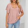 Women's Plain Casual Hollowed-out V-neck  Raglan Sleeve Short Sleeve Loose T-shirt Top
