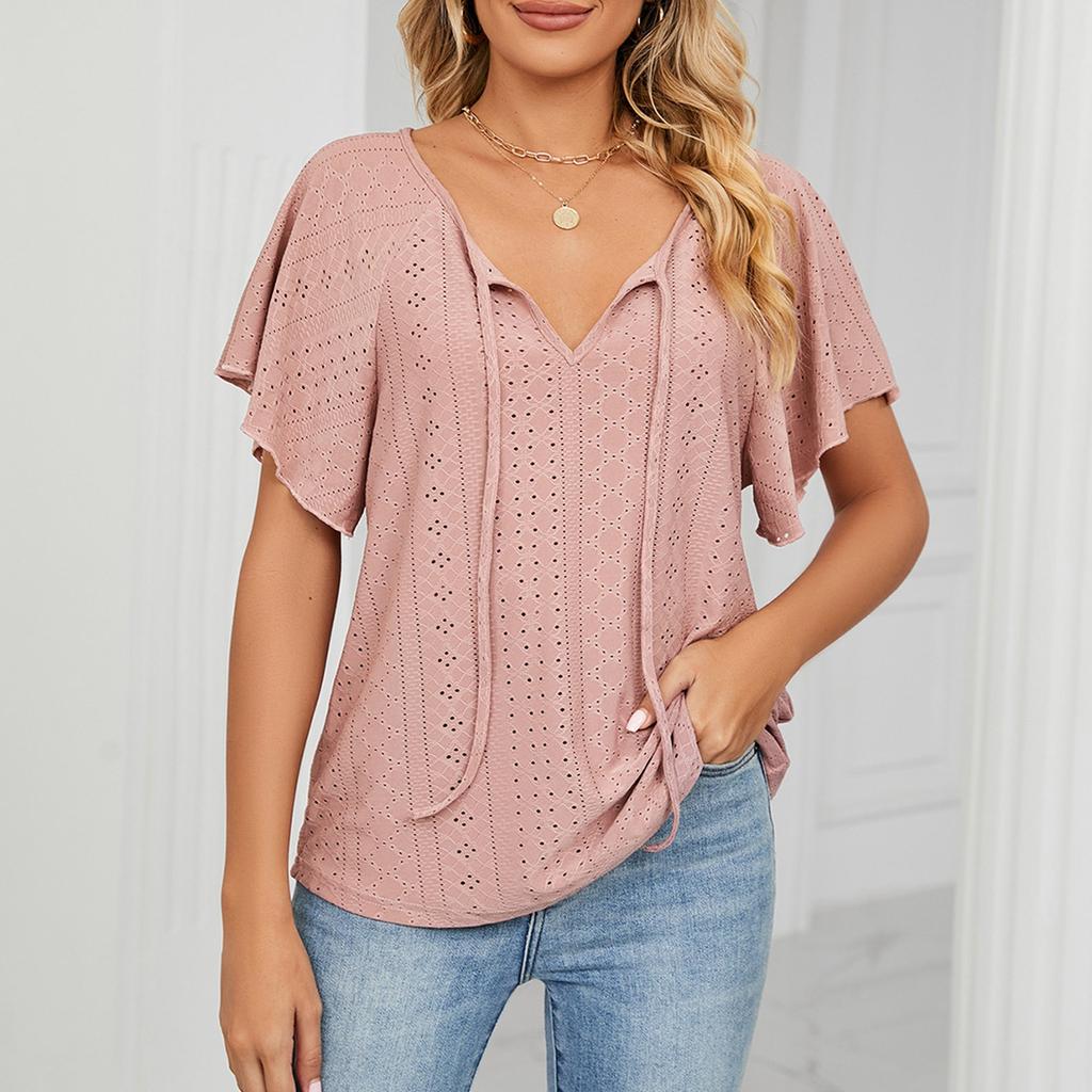 Women's Plain Casual Hollowed-out V-neck  Raglan Sleeve Short Sleeve Loose T-shirt Top