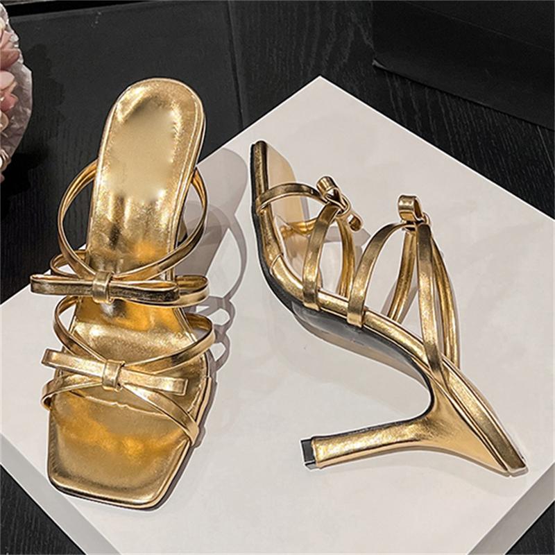 

Eilyken High Quality Butterfly-kont Narrow Band Square Toe Woman Slippers Summer Elegant Thin Heels Party Slide Shoes 35 золотой