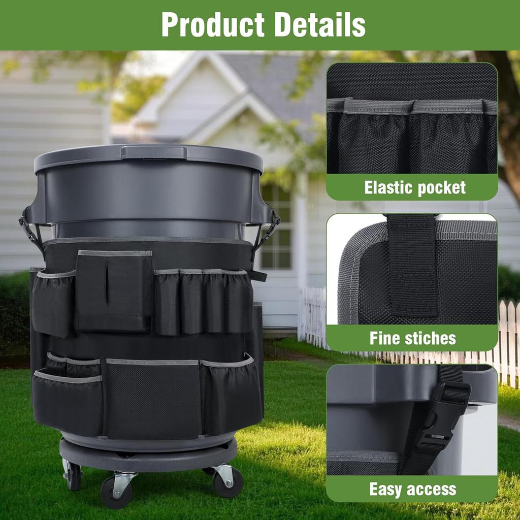 Trash Can Caddy Bag Adjustable Buckle Trash Bin Covers Large Capacity Cleaning Supplies Organizer Bag for 32-55 Gallon Porch