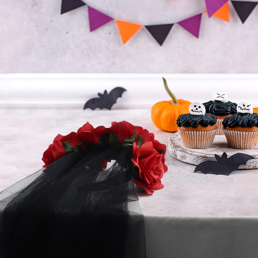 NODG Day of the Dead Headband, Retro mesh carnival head button, Halloween day rose flower party hair accessories headband black female