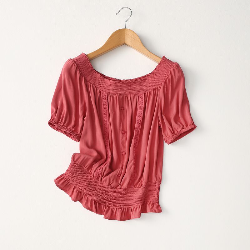 

Export Tail Single off-the-Shoulder off-Shoulder Collar Sweet Style Pure Color Crocheted Short Sleeve Cotton Silk Shirt Artificial Cotton Short Top Red 38