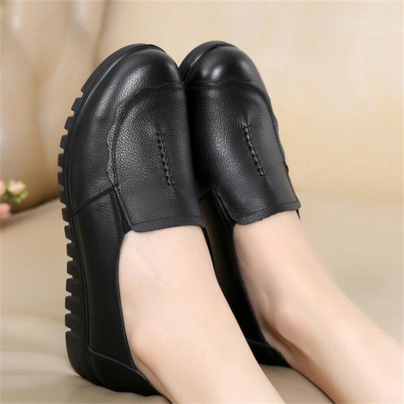 Fashion New Women's Single Shoes Genuine Leather Wedge Heel Women's Shoes Soft Sole Middle-aged Elderly Flat Cowhide Mother's Shoes