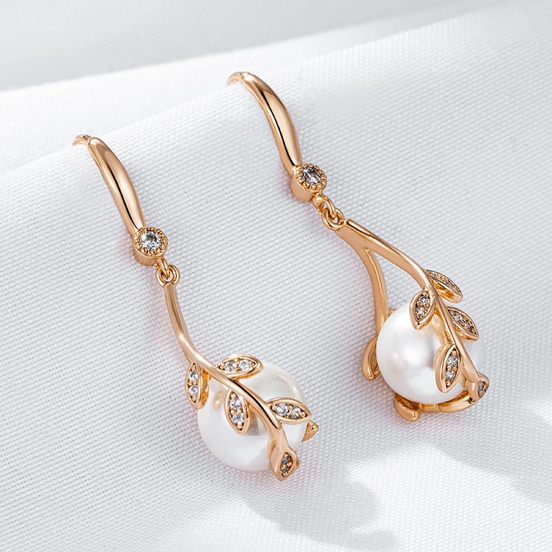 Pearl Long Drop Earrings For Women Trendy  Rose Gold Color Natural Zircon Vintage Flower Party Fine Daily Jewelry