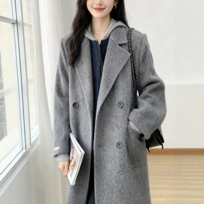 Front Shoulder Double-sided Wool Coat Women's Medium and Long, Autumn and Winter Black and Gray Woolen Coat