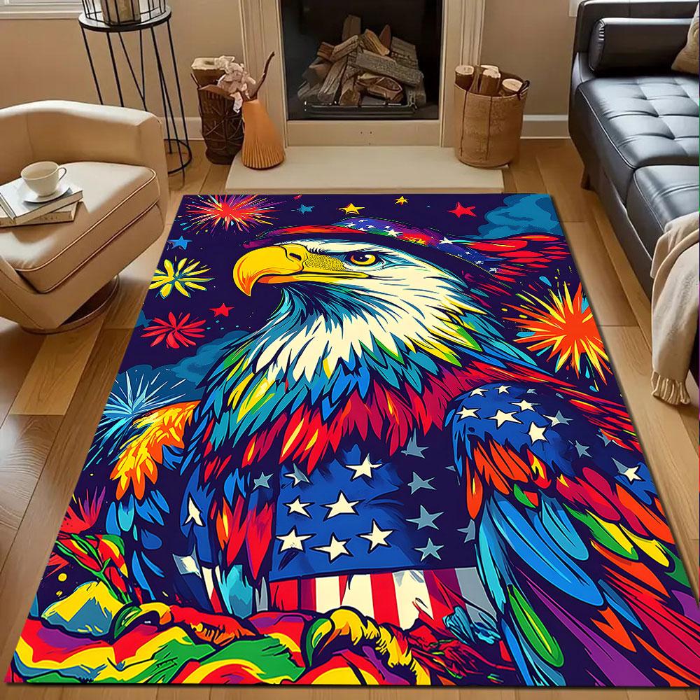 Patriotic Eagle with Fireworks Design Patterned Carpet, Non Slip Mat Suitable for Living Room and Bedroom Sofas