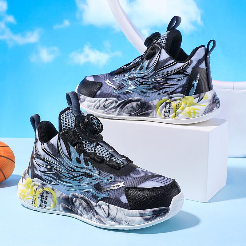 Children's Sports Shoes 2025 New Summer Boys Button Basketball Shoes Mesh Breathable Soft-soled Running Shoes