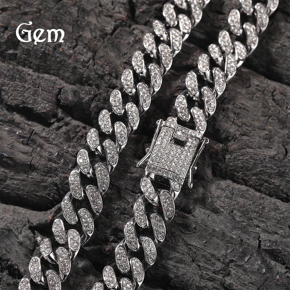 Gu Meng 12mm Men's Cuban Necklace - European & American Style, Hip Hop Design, Alloy with Inlaid Diamond, Versatile Street Jewelry.
