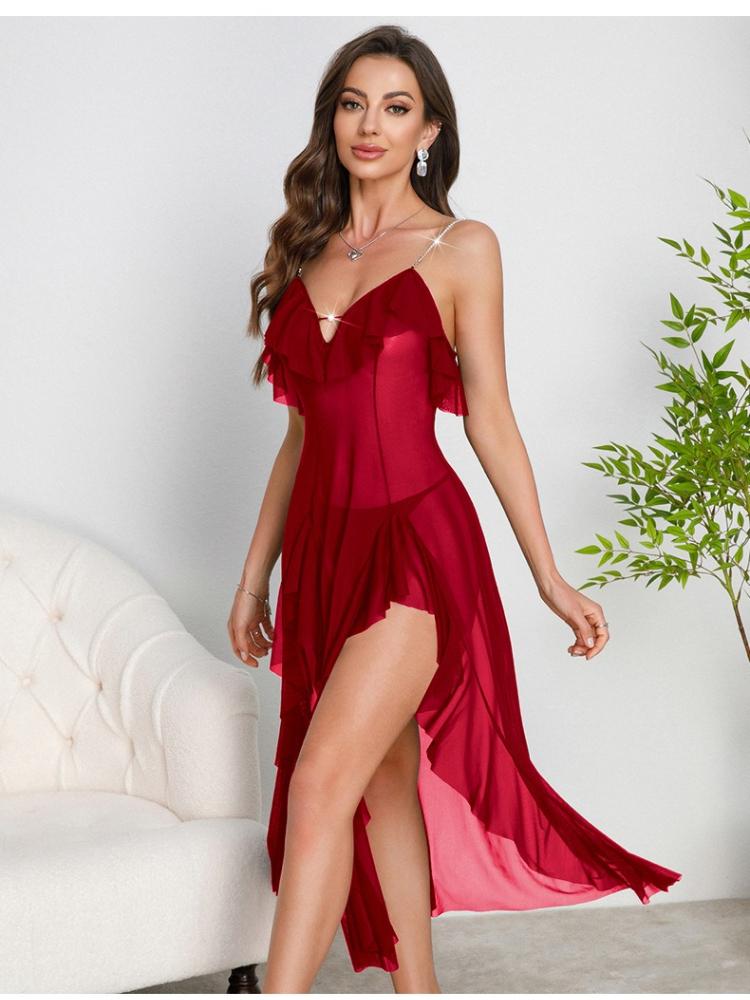 Mesh Deep V Ruffle Nightgown Side Slit Multi-Color Semi-Sheer Sexy Cami Women's Loungewear 896 Playful Flirty Sleepwear with Cute Ruffle Details