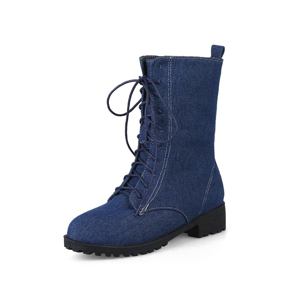 Denim Martin boots  large size medium boots,  front lace-up low-heeled autumn and winter models