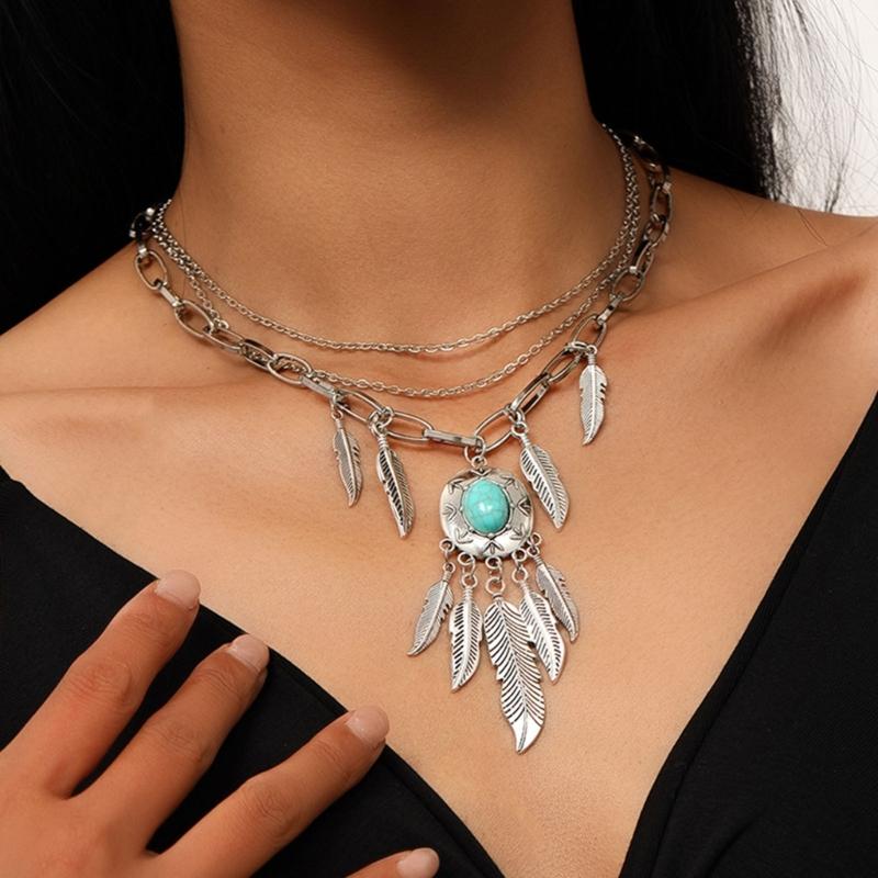 Pack of 2 Ethnic Turquoise Feather Chokers with Antique Alloy Finish Adjustable Length Bohemian Fashion Accessories
