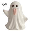 Decorative Ghost Sculpture Light Up Ceramic Figurines for Halloween Decor, Cute White Statue Gift Party with Pink Tongue, LED Night Home Table Office