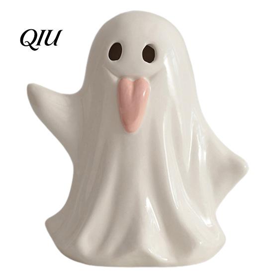 Decorative Ghost Sculpture Light Up Ceramic Figurines for Halloween Decor, Cute White Statue Gift Party with Pink Tongue, LED Night Home Table Office