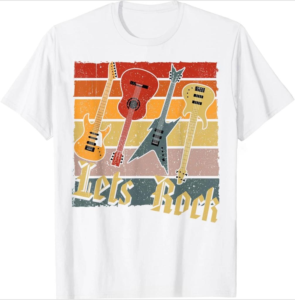 Lets Rock Electric Guitar Music Lover Band Guitarist Retro TShirt Unisex Summer Tshirt Fashion Causal T Shirt Tees
