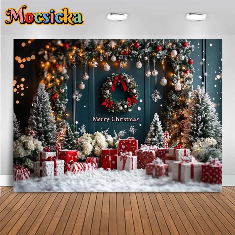 Mocsicka Merry Christmas Background Photography Shooting Props Xmas Tree Snow Gifts Decors Children Adult Family Party Backdrops