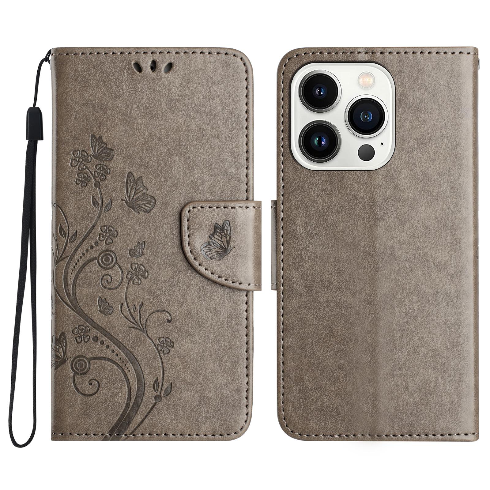 

For iPhone 16 Pro Leather Case Butterflies Flower Pattern Wallet Stand Phone Cover E