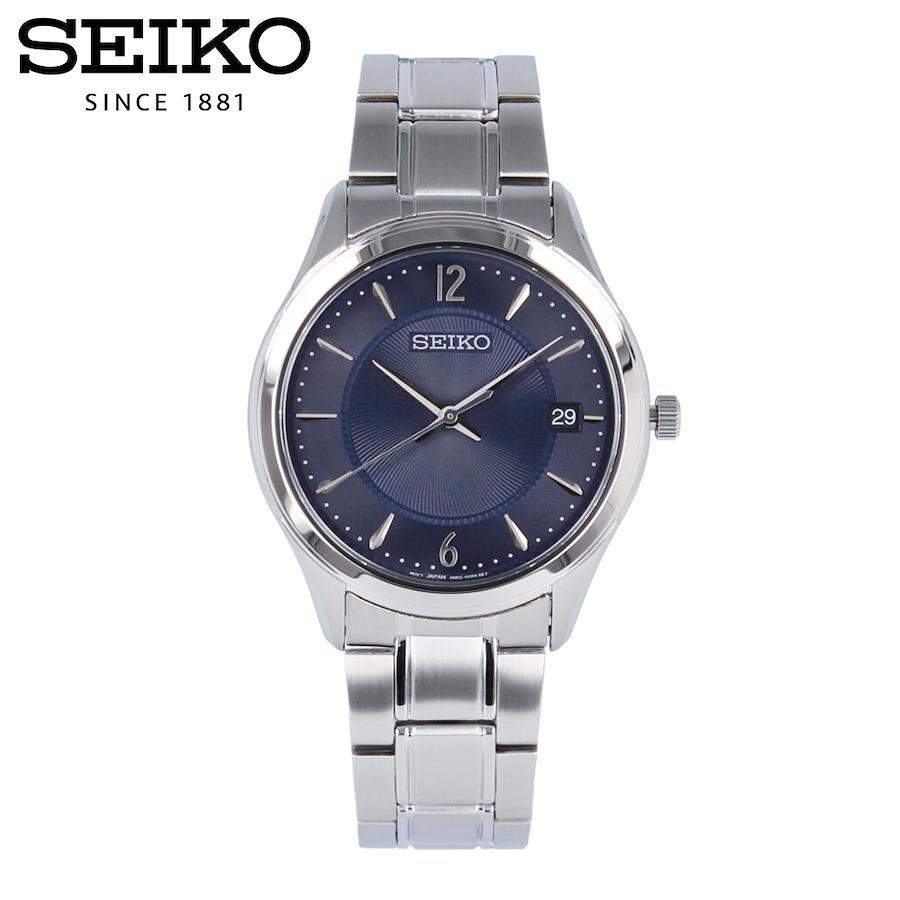 SEIKO SUR419P1 SUR419P Quartz Essential Date Calendar Blue Navy Silver Stainless Wrist Watch