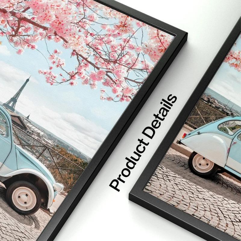 Paris City Pink Flower Peach Blossom Vintage Car Bike Wall Art Mural Canvas Painting Living Room Home Decor Poster Print Picture