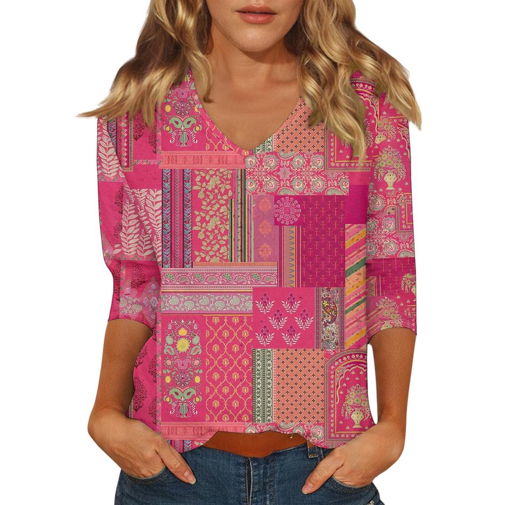 Top Casual de Moda para Mujer Sexy Cómodo Cuello en V Floral Manga Siete