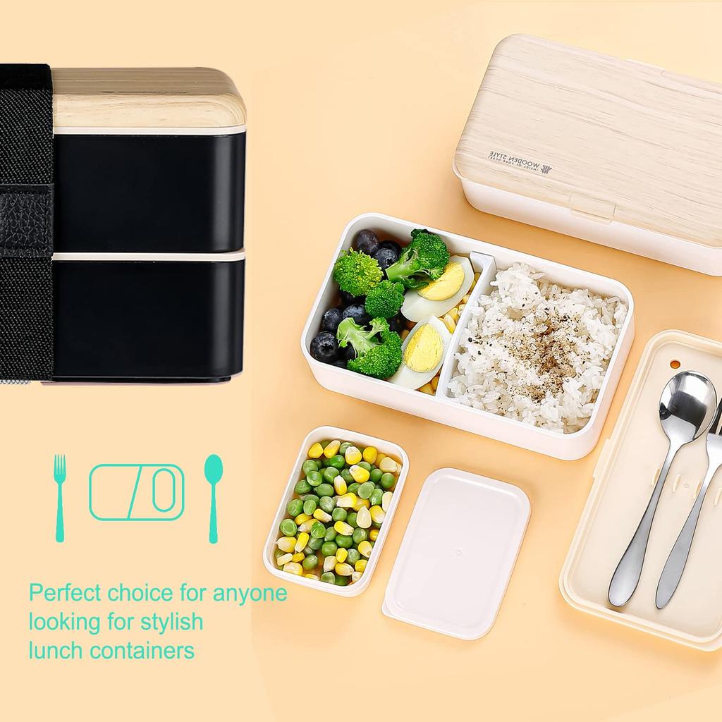 Original Bento Lunch Box Japanese Style 2 Layer Food Container with Utensils Spoon and Fork Bundle Dividers Salad Box Unisex (Black)
