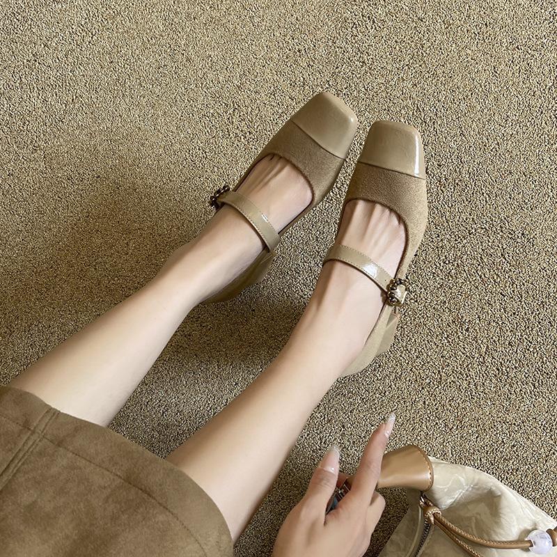 332-77 Cashmere splicing square head thick heel single shoes middle heel soft leather one-word buckle Mary Jane shoes spring and autumn