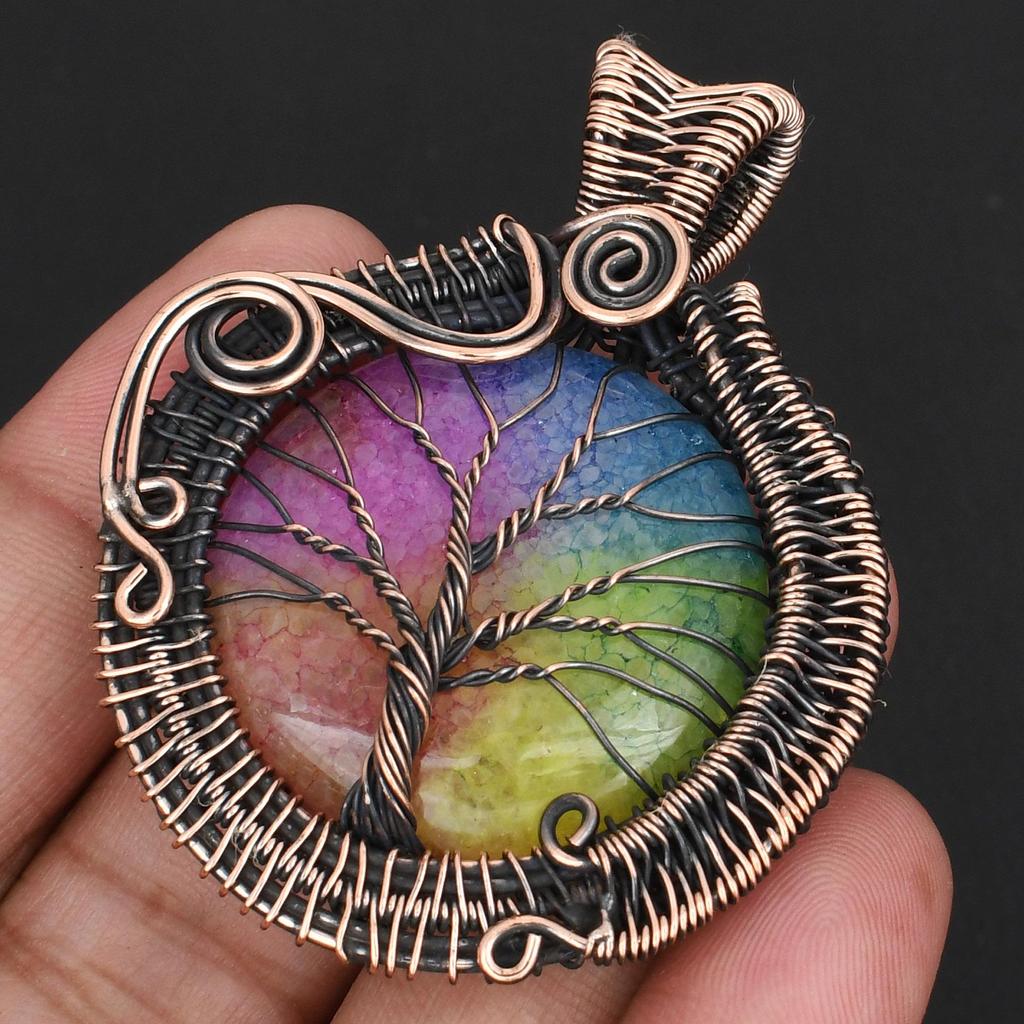 Rainbow Solar Quartz Gemstone Tree of Life Pendant Handmade Copper Wire Wrapped Boho Necklace Healing Crystal Jewelry
