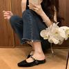 Inner heightening version~ Leather silver thick-bottomed bag head slippers women's rhinestone word with slope heel sandals Muller half slippers