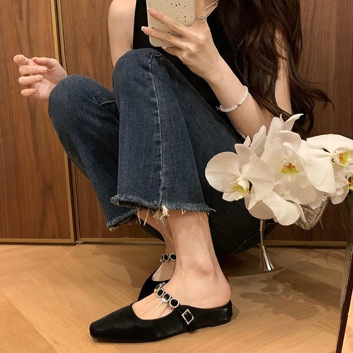Inner heightening version~ Leather silver thick-bottomed bag head slippers women's rhinestone word with slope heel sandals Muller half slippers