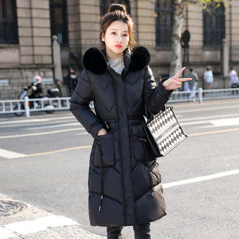 

Зимняя новая корейская версия длинного ниже колена хлопкового пуховика для женщин с большим меховым воротником, приталенный и утолщенный хлопковый пуховик для женщин XXL чёрный