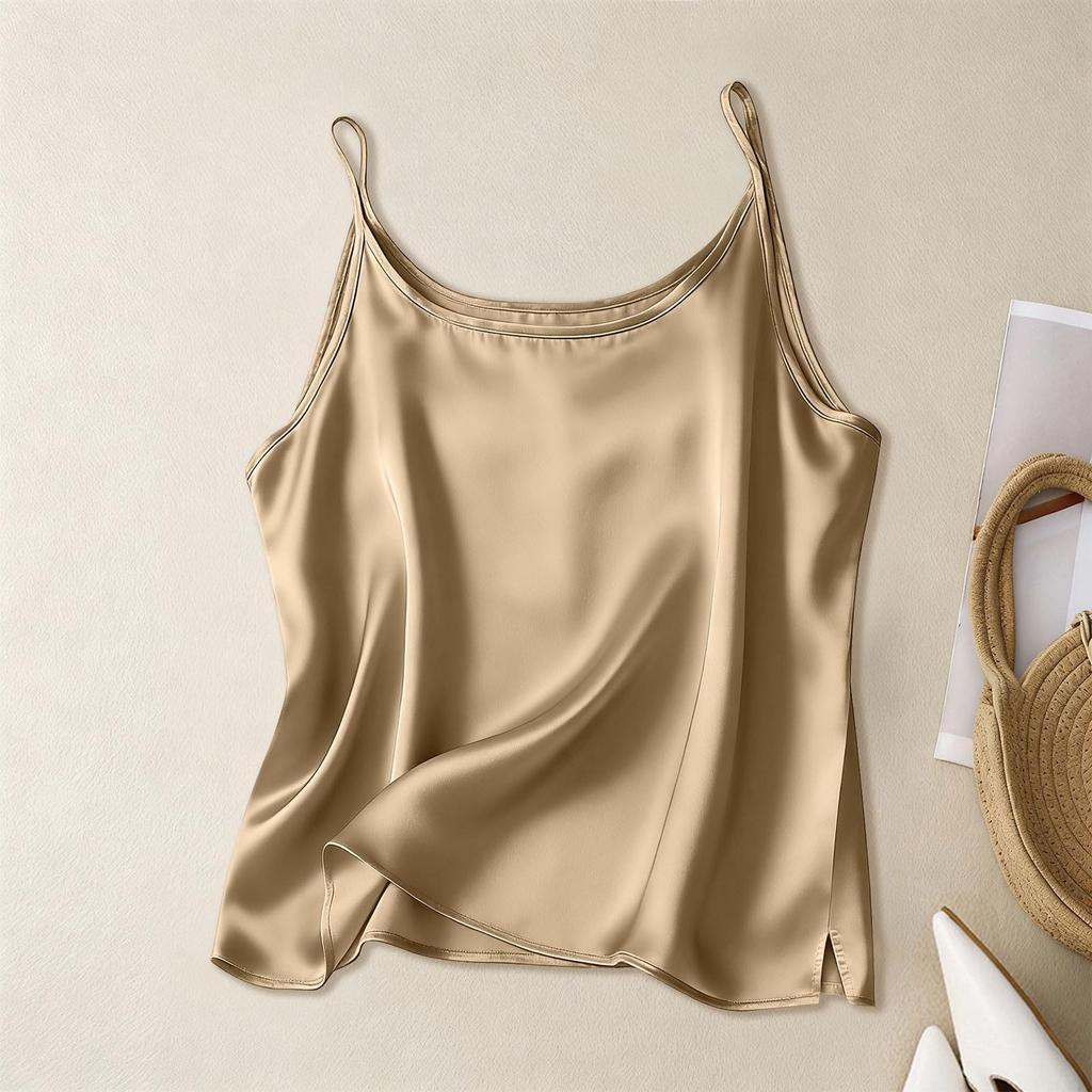 Fashion Women's Silk Satin Vest V-neck Slim Shoulder Strap Vest Soft Sleeveless Round Neck Vest