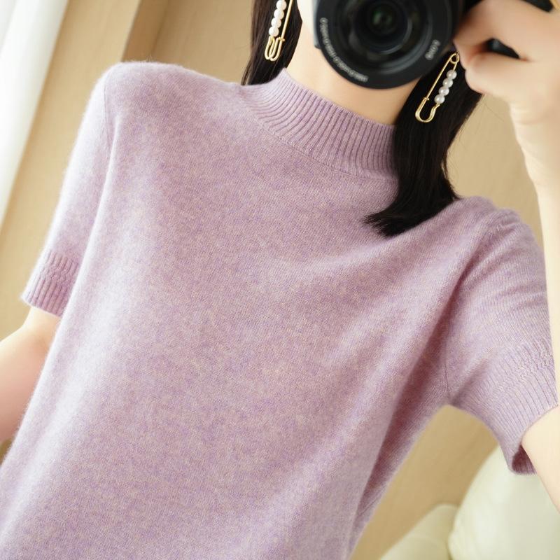 Spring and Summer Women's New Loose Half Turtleneck Mid-sleeve Short Pullover Solid Color Bottoming Sweater T-shirt