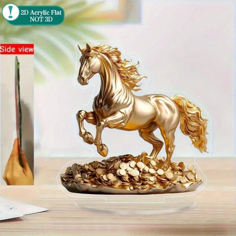 2D Flat Acrylic Golden Horse Statue Desktop Decoration, Home Decor Plaque Hanging Wall Art Decorative Garden Decoration for Room Door Signs Hanging Sq