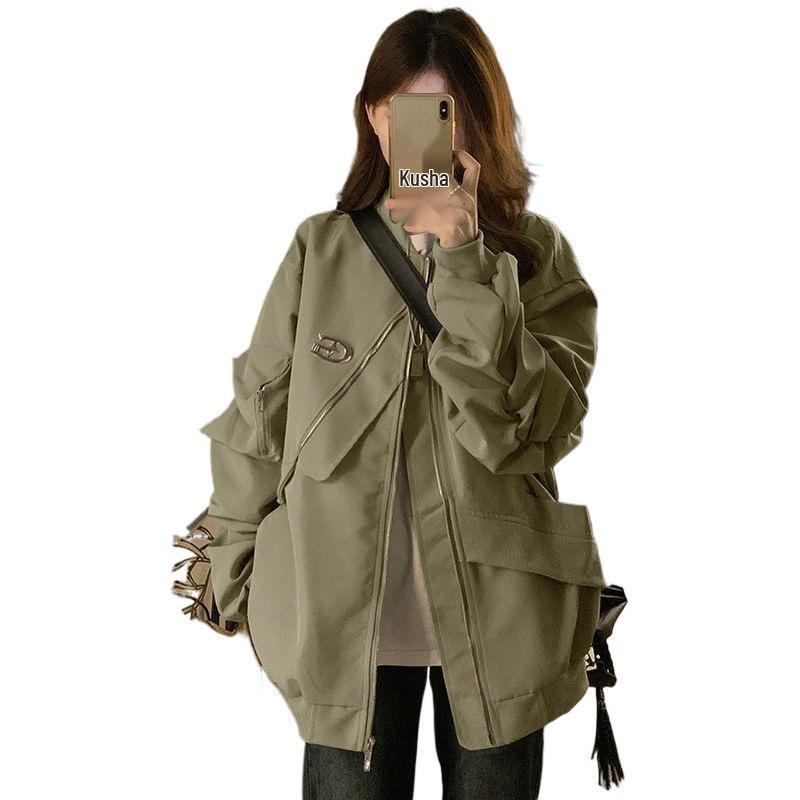 Women's American High-Street Style Loose Irregular Flight Jacket for Spring and Autumn