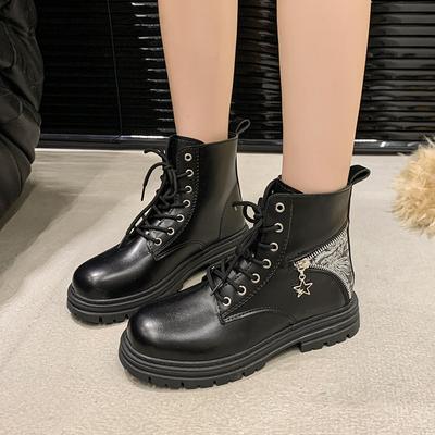 High Top Leather Boots Women Fashion Motorcycle Ankle Boots Woman Autumn Winter Lace-up Casual Platform Shoes Femmes Botas
