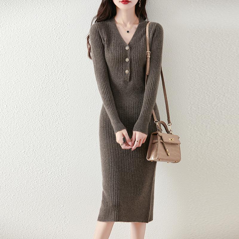 Dame Genser Kjole 100 % Ull MODERN NEW SAGA V-hals Strikk Lang Pullover Vintergensere Ull Lang Kjole Dame