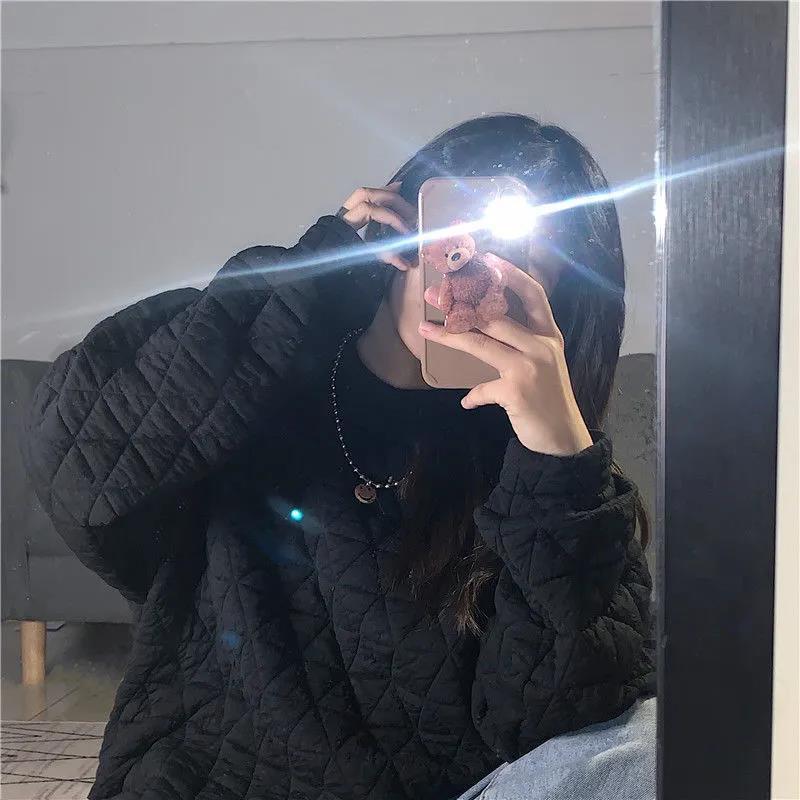 Women's Korean Style Quilted Cotton Sweatshirt - Thickened, Loose Fit, Autumn/Winter Solid Color Bubble Air Top Jacket