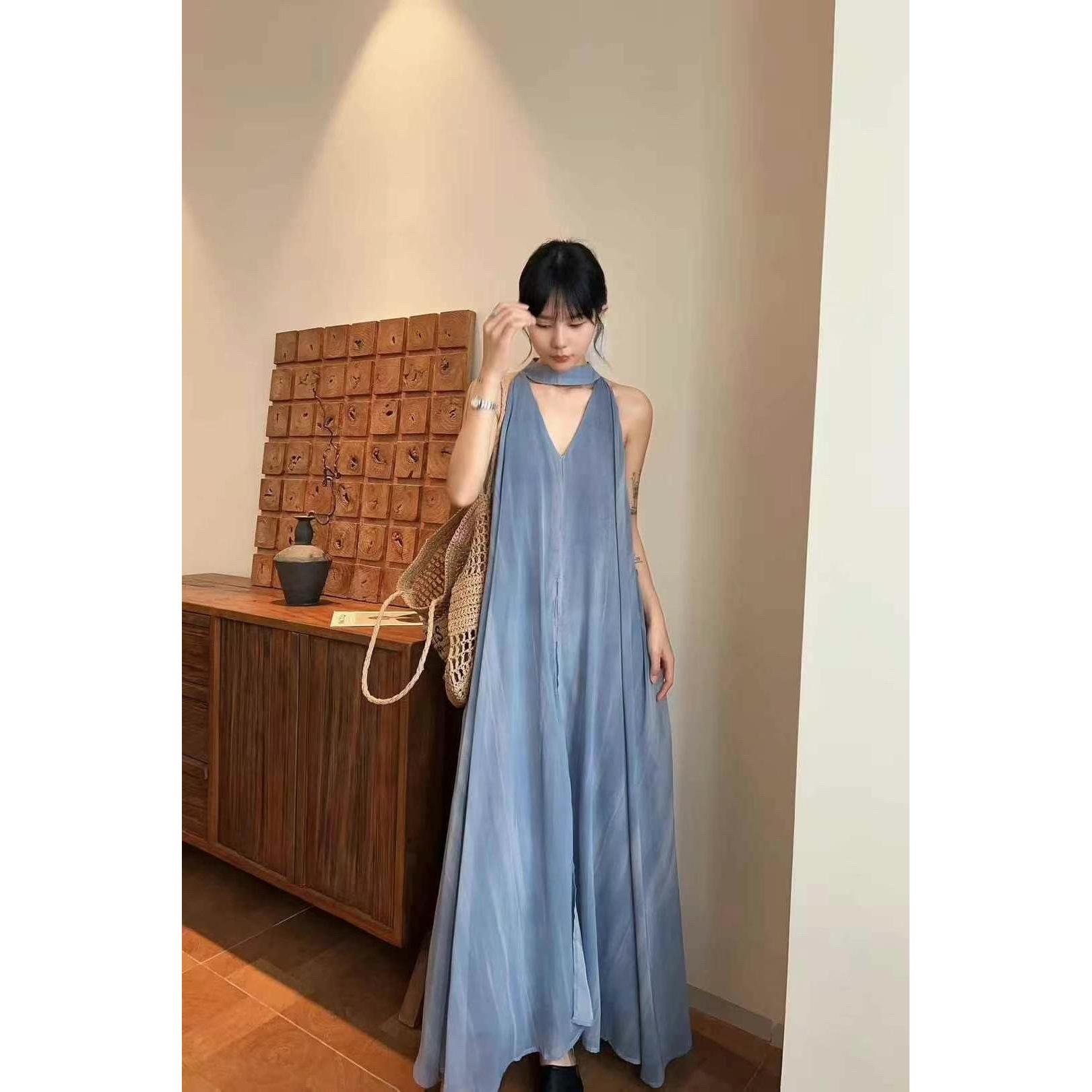 French temperament V-neck smudged neck dress women s summer loose and thin sleeveless dress S