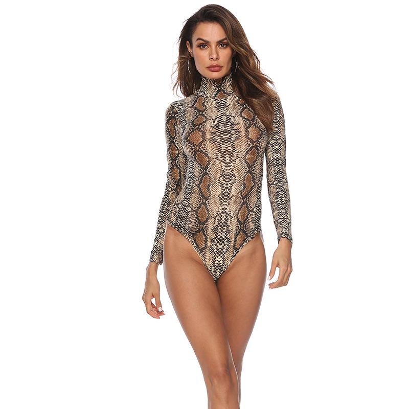 SCIONE Women Tight High Waist Knit Casual Jumpsuit High Collar Long Sleeve Sexy Leopard Jumpsuit