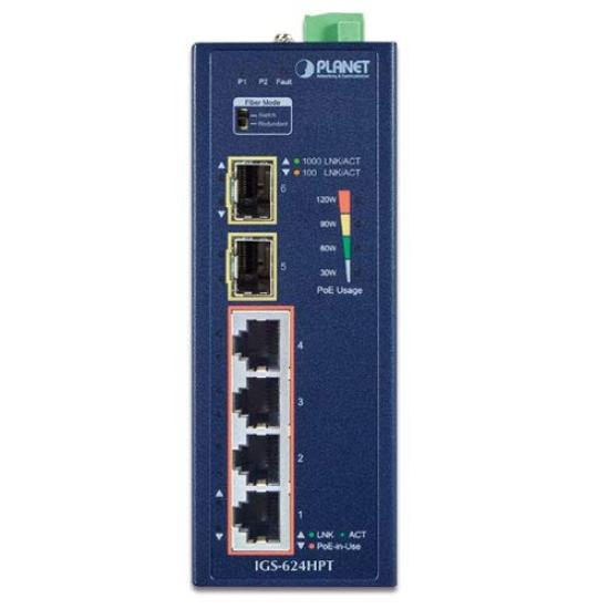 PLANET TECHNOLOGY PoE SFP Ethernet Switch to IGS-624HPT_Industrial 4-Port 10/100/1000T 802.3at + 2-Port 100/1000X (-40 75°C)