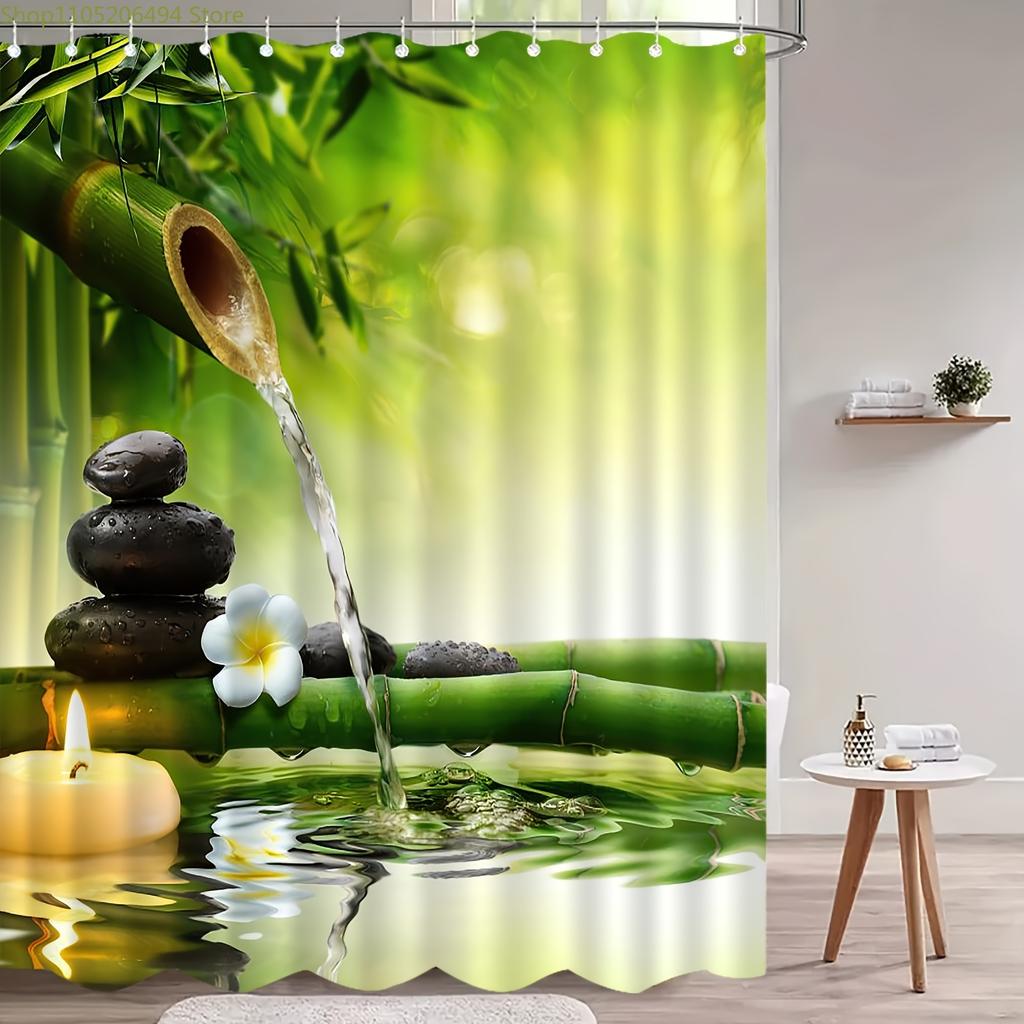 1pc Bamboo Pattern Printed Shower Curtain, Suitable for Home Bathroom Decor with 12 Hooks Polyester Fabric Bathtub Window Curt