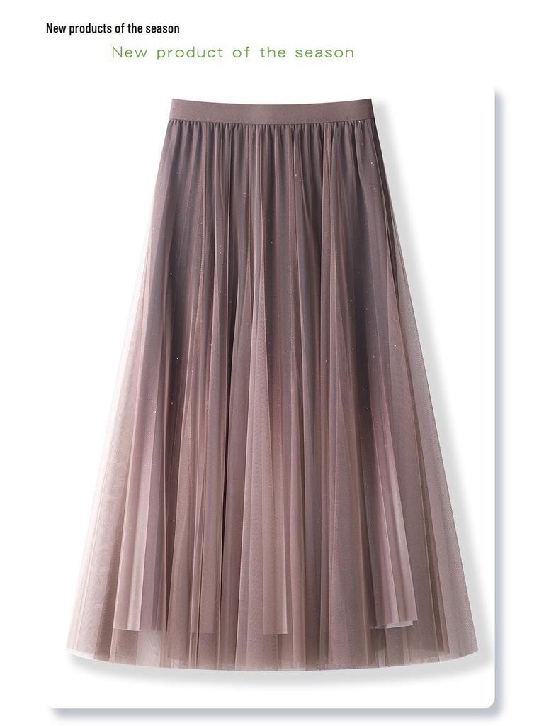 Verlauf Hohe Taille Plissee Midi Rock 2025 Damen Frühling/Herbst Mesh A-Linie Langer Rock