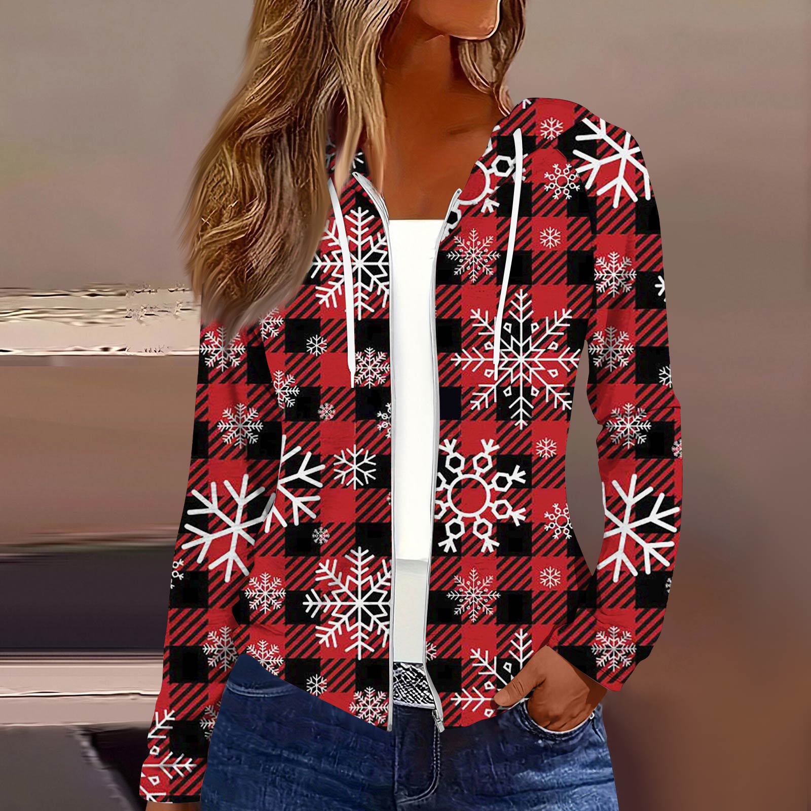 

Women s Fashion Christmas Print Casual Zip-Up Long-Sleeved Hooded Jacket L