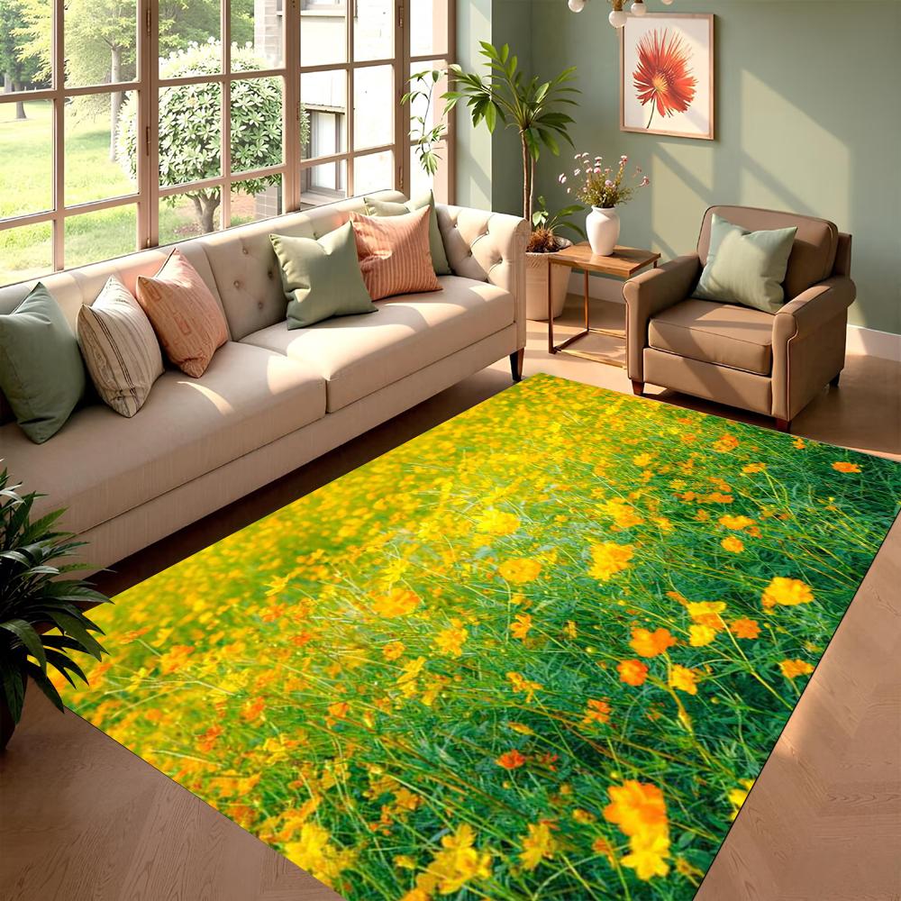 3D Grüner Rasen Bedruckter Teppich Gänseblümchen-Muster Wohnzimmerteppich Innenbereich Anti-Rutsch-Matte Schlafzimmerteppich Wohnzimmerteppich Heimdekoration