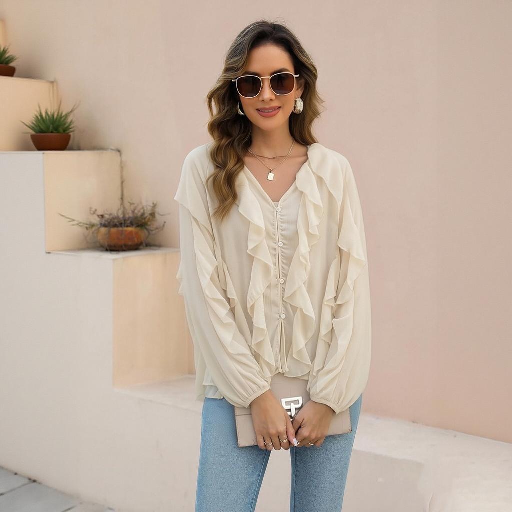 Women's V Neck Long Sleeve Blouse with Layered Ruffle Decoration Button Front Loose Fit Fashion Shirt Top for Casual Office Wear